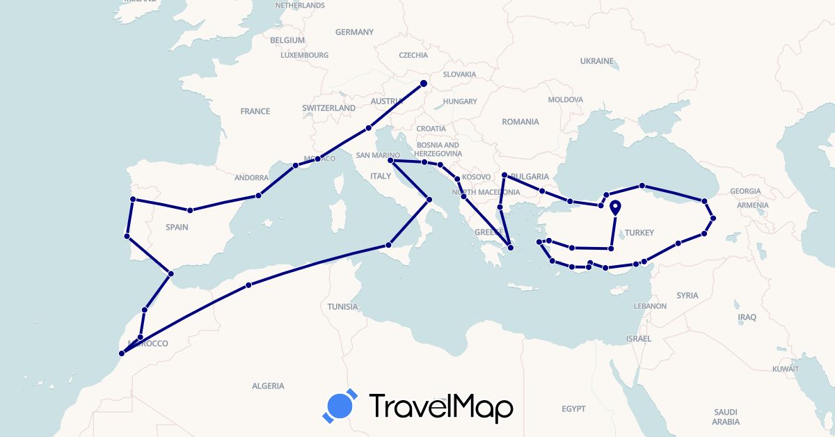 TravelMap itinerary: driving in Albania, Austria, Bosnia and Herzegovina, Bulgaria, Algeria, Spain, France, Gibraltar, Greece, Croatia, Italy, Morocco, Montenegro, Portugal, Turkey (Africa, Asia, Europe)